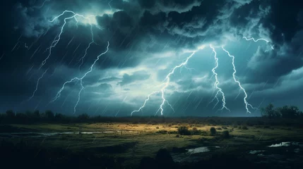 Tuinposter scary colored thunderstorms and dark clouds, generative ai © Hiro