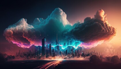 Fantasy Smart city cloud glow neon colorful technology Ai generated