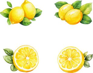 Lemons vector watercolor illustration set, Lemons 3D realistic icon
