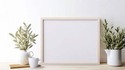 Home office design idea. Mockup of an empty horizontal wooden photo frame. Coffee cup on a wooden table. Background of a white wall. beautiful workspace, vase with olive branches. - obrazy, fototapety, plakaty