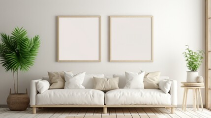 Mockup of a frame in a farmhouse living room with white furnishings against a bright wall and two empty vertical wooden frames