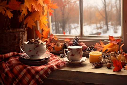 cup of tea and teapot on table, living room interior, autumn season, cozy fall background in fall colors, Cozy Living Room: Autumn's Warmth in Fall Color Harmony