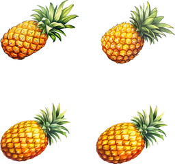 Pineapple vector watercolor illustration set, Pineapple 3D realistic icon