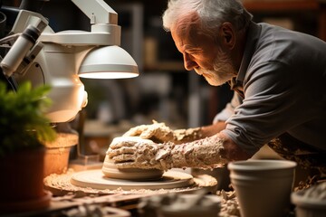 Elder Man sculptor creates wet soil material clay raw ceramic, Generate With Ai.