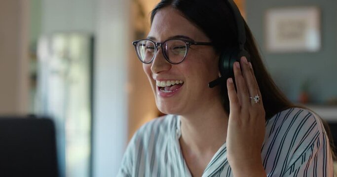 Call center, customer support and young woman doing an online consultation with a headset. Contact us, laughing and professional female telemarketing or sales consultant working on crm with a laptop.