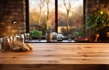 Empty Rustic Brown Wooden Countertop Mockup, Blank Table for Product Display, Wood Tabletop Template with Plants Decoration. Generative AI