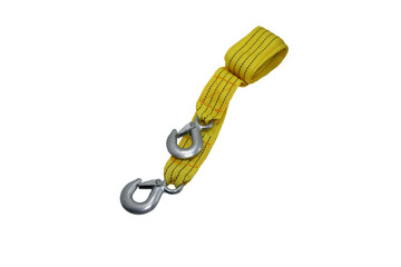 Isolated image of yellow nylon webbing with white steel hook on transparent background png file.