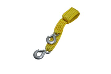 Isolated image of yellow nylon webbing with white steel hook on transparent background png file.