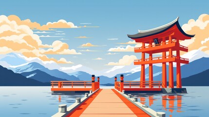 Itsukushima Shrine Poster in the Sunny Day with Blue Sky View generative ai