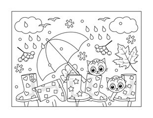Autumn coloring page with gumboots, umbrella, falling leaves, first snowflakes, rain, and two cute kittens
