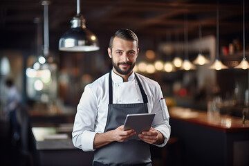 Chef holding a tablet looking at the camera in a beautiful modern restaurant - obrazy, fototapety, plakaty