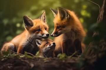 The fox and his cub are playing photography style Made with Generative AI - obrazy, fototapety, plakaty