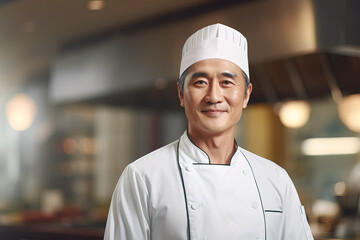 Portrait of senior Asian Chef in kitchen