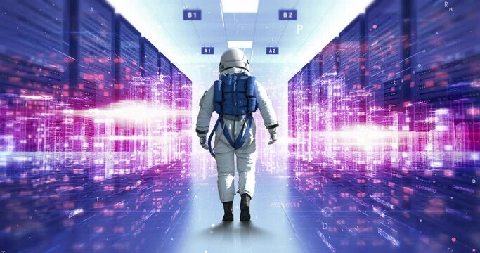 Astronaut's Discovery in the High-Tech Server Room, Ruled by AI. Technology Related 3D CG Animation.