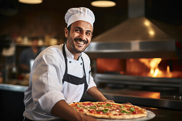 Portrait of happy Chef preparing pizza
