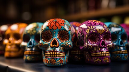 Mexican traditional Day of the Dead holiday with calacas, decorated skulls, vibrant colors, intricate patterns