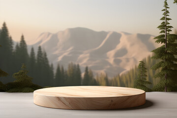 Empty wood podium table in landscape nature mountains background, Blank minimal wooden stage for product display presentation design, ai generate