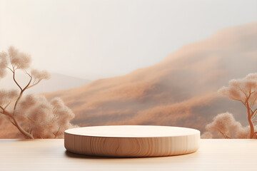 Empty wood podium table in landscape nature mountains background, Blank minimal wooden stage for product display presentation design, ai generate - obrazy, fototapety, plakaty