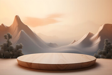 Empty wood podium table in landscape nature mountains background, Blank minimal wooden stage for product display presentation design, ai generate
