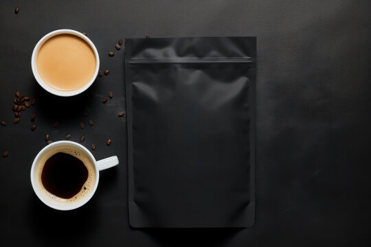 Black Coffee Craft Paper Pouch Bag Packaging Mockup, Empty Packaging Template, Blank Merchandise Advertising Display. Generative AI