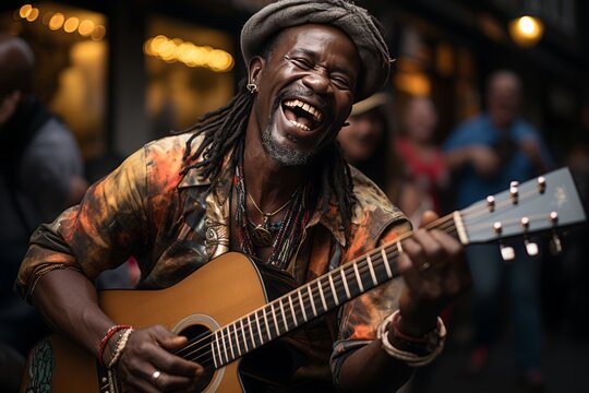 African American man passionately playing a musical instrument in a lively street performance, Generative AI