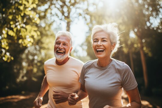 Fill your life with energy. Active mature married couple in sportswear smiling at each other while doing sports together. Joyful elderly couple exercising outdoors and in the gym