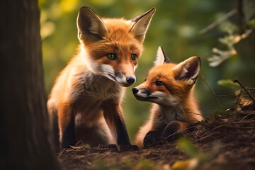 The fox and his cub are playing photography style Made with Generative AI