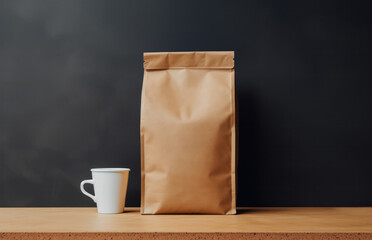 Brown Coffee Craft Paper Pouch Bag Packaging Mockup, Empty Packaging Template, Blank Merchandise Advertising Display. Generative AI - obrazy, fototapety, plakaty