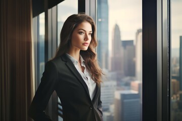 Confident young businesswoman standing at window in office alone