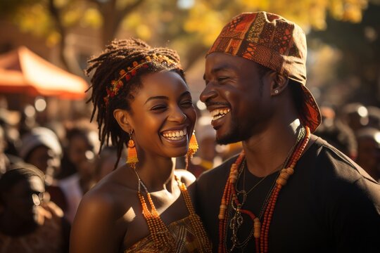 African couple sharing a joyful dance at a cultural celebration, Generative AI