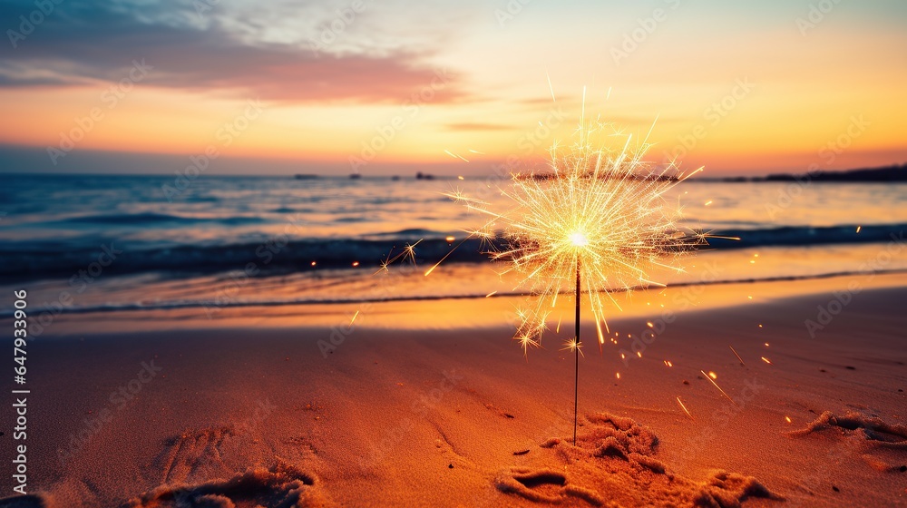 Wall mural Sparklers on the beach at sunset, holidays, New year 2025 celebration concept