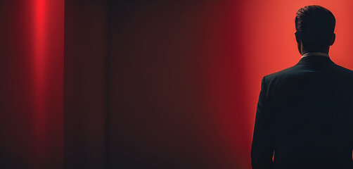 Silhouette man in suit face in shadows no face highlighted red tie. AI generative.