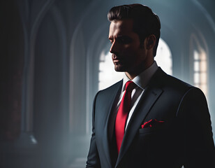 Silhouette man in suit face in shadows no face highlighted red tie. AI generative.