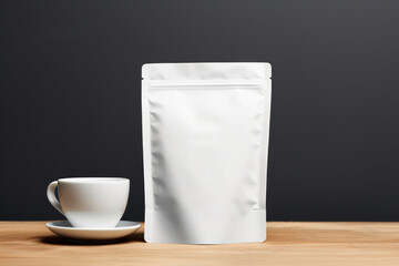 White Coffee Craft Paper Pouch Bag Packaging Mockup, Empty Packaging Template, Blank Merchandise Advertising Display. Generative AI