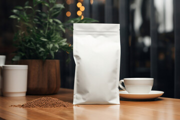 White Coffee Craft Paper Pouch Bag Packaging Mockup, Empty Packaging Template, Blank Merchandise Advertising Display. Generative AI