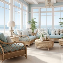 Elegant Coastal Living Room with Serene Beachfront Views