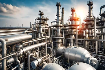Foto op Plexiglas Close-up perspective of an industry. An oil-refining machine, an oil and gas refinery region, a pipeline facility, and an oil tank zon.jpg © Stone Shoaib