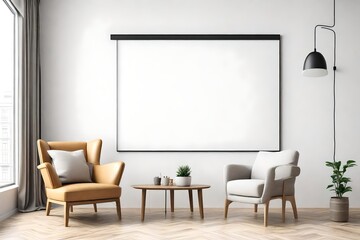 Mockup a TV wall mounted with armchair in living room with a white wall
