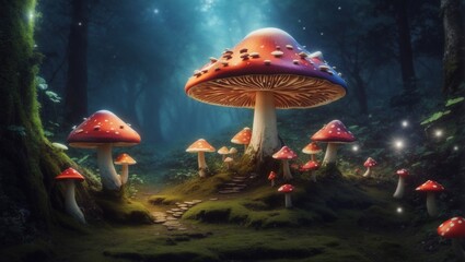 Fantasy mushroom landscape in the forest created with Generative technology 