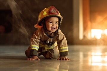 Happy child playing Firefighter at indoor ,Generative AI..