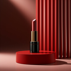 Red lipstick tube on podium with shadow Nourishes and protects lips Empty area for content. Made with genreative ai