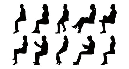 Vector set of detailed people sitting side view silhouettes isolated on white background. Vector illustration