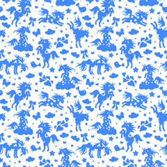 Seamless pattern with funny cartoon unicorns, hearts and stars , blue silhouette icons on a white background