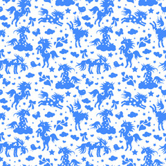Seamless pattern with funny cartoon unicorns, hearts and stars , blue silhouette icons on a white background