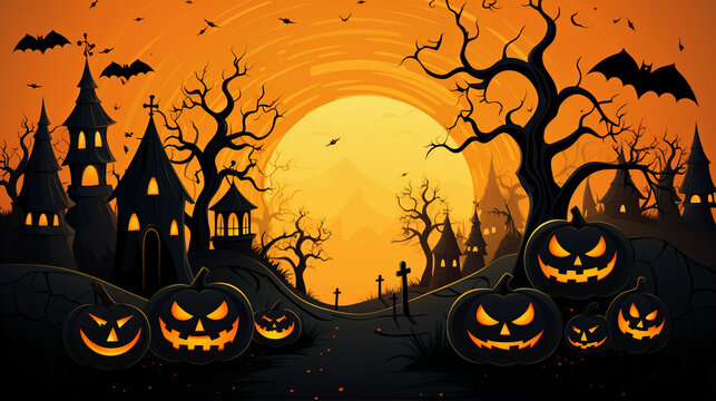 Halloween spooky scene wide background with spooky Halloween characters