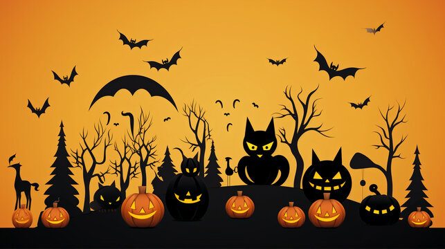 Halloween spooky scene wide background with spooky Halloween characters