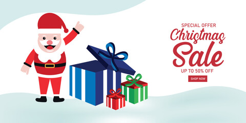 Christmas Sale banner or poster design with top view of gift boxes and Santa Claus