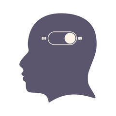 Toggle switch button to turn on brain activity. Active mental, intellectual and thinking. Silhouette of head. Artificial intelligence and machine learning concept.