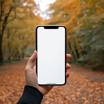A Hand Holding a Smartphone Taking a Picture of Autumn Trees With Copy Space