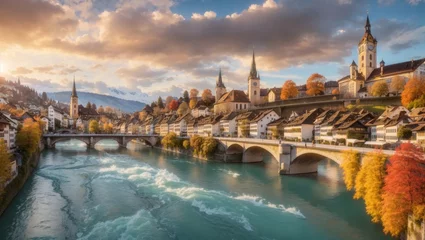 Tuinposter Incredible autumn view of Bern city at evening. Scene of Are river with Nude Glitches - Protestant church. Location: Bern, Canton of Bern, Switzerland, Europe © ponpary